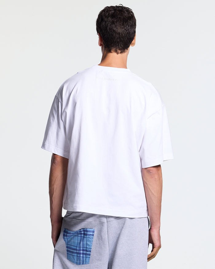 HUNTER TEE WHITE - white graphic print tee, back view on male model - Cold Culture