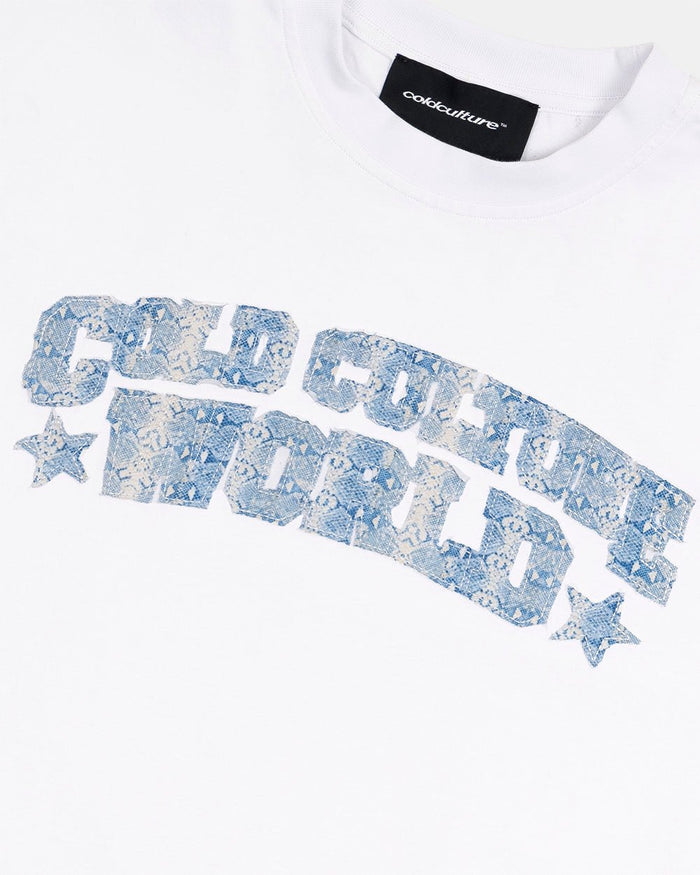 HUNTER TEE WHITE - white graphic print tee, detail close-up - Cold Culture