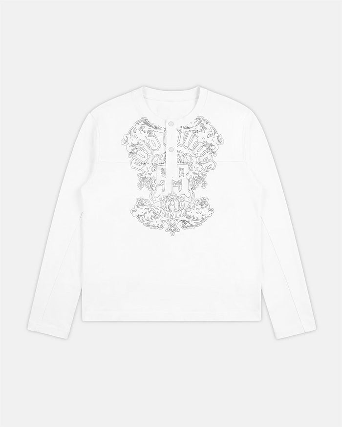 IDENTITY LONGSLEEVE WHITE - white embroidered longsleeve tee, front view - Cold Culture