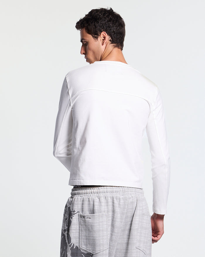IDENTITY LONGSLEEVE WHITE - white embroidered longsleeve tee, back view on male model - Cold Culture