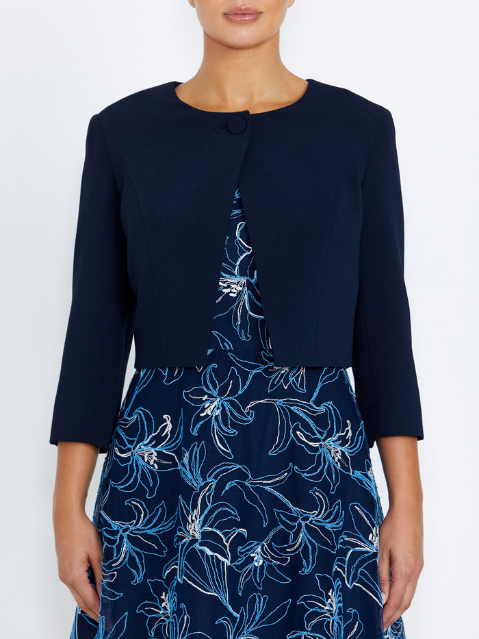 Women's Crepe Cropped Crossover Front Jacket in Navy | Jackie