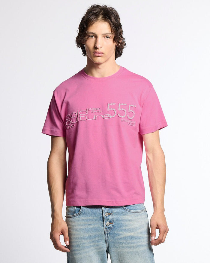 JUICY TEE PINK - pink graphic print tee, front view on male model - Cold Culture
