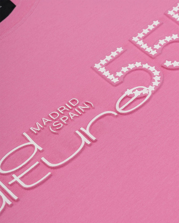 JUICY TEE PINK - pink graphic print tee, detail close-up - Cold Culture