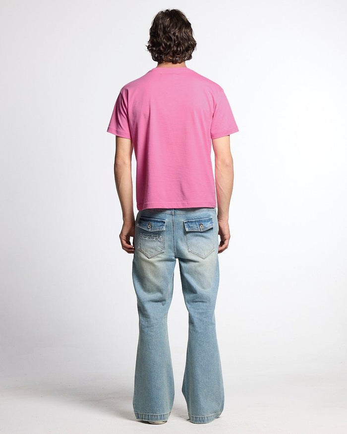 JUICY TEE PINK - pink graphic print tee, back view on male model - Cold Culture