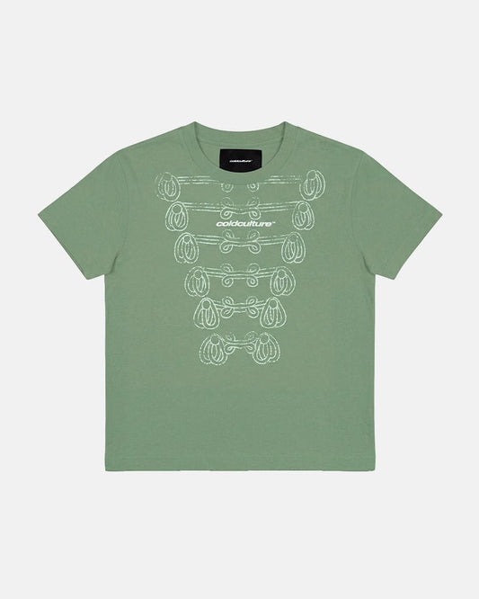 KNOTTING HILL TEE GREEN - sage green embroidered tee, front view - Cold Culture