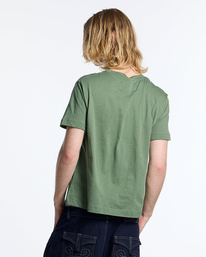KNOTTING HILL TEE GREEN - sage green embroidered tee, back view on male model - Cold Culture #man