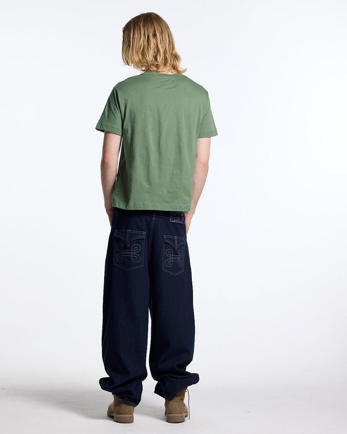 KNOTTING HILL TEE GREEN - sage green embroidered tee, back view on male model - Cold Culture #man