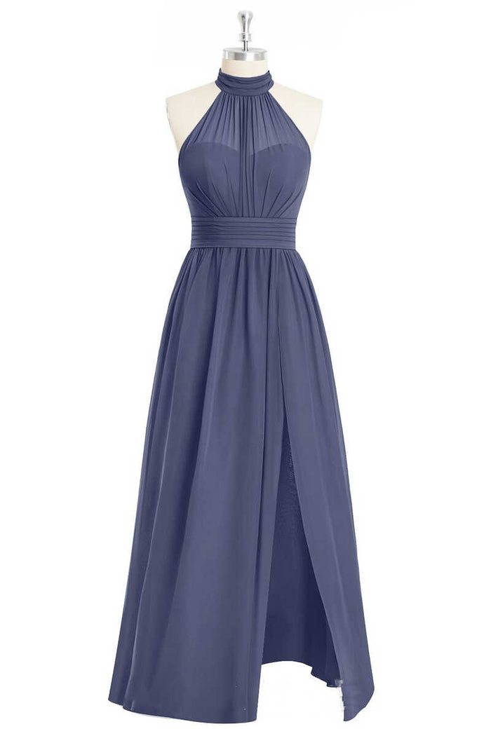 Lavender Chiffon Halter A-Line Long Bridesmaid Dress
