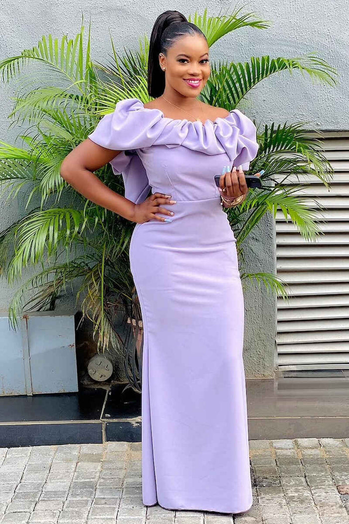 Lavender Off-the-Shoulder Ruffled Sheath Long Bridesmaid Dress