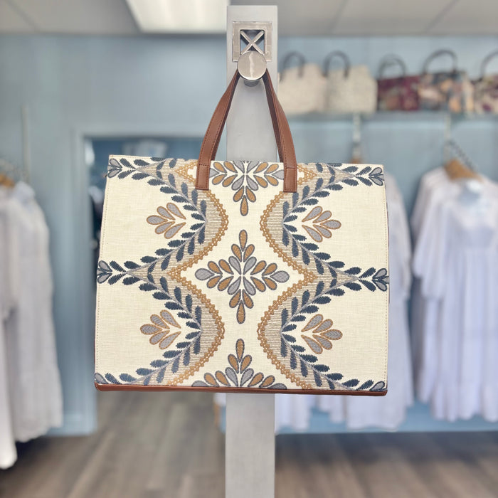 Tote bag with blue floral print.