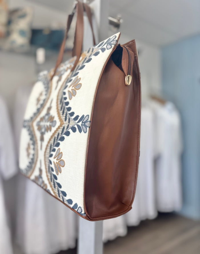 Tote bag with blue floral print.