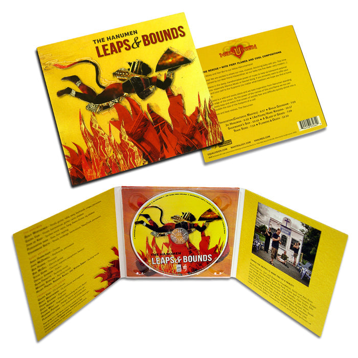 CD packaging for The Hanumens Leaps & Bounds, featuring bold yellow and red artwork of a jumping figure. Includes the CD, lyrics to Bhaja Govindam and an Invocation, plus an interior photo inside the open case.