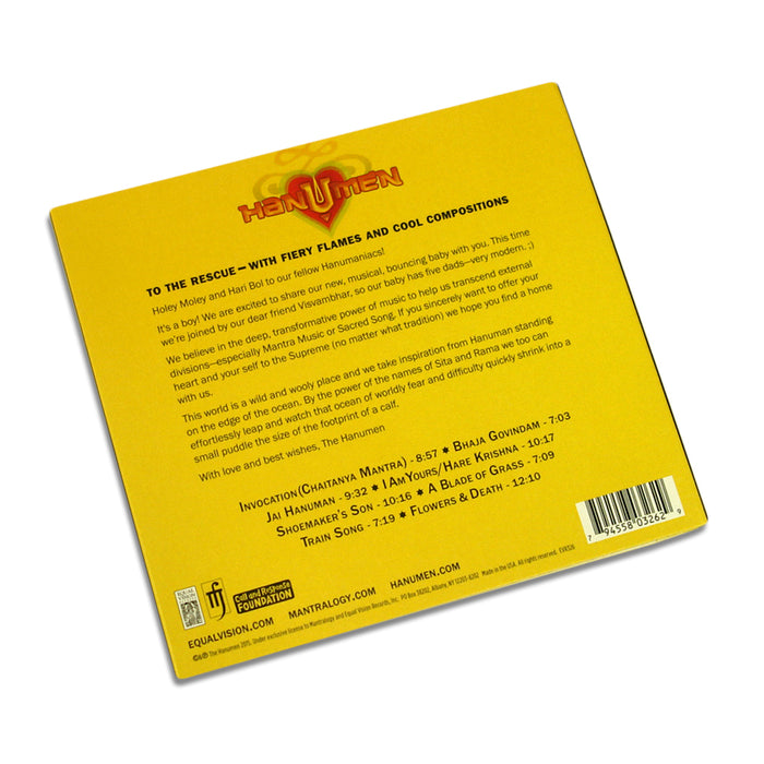 The back cover of The Hanumen album displays an orange-yellow logo, black album description, song list with durations (including Invocation, Bhaja Govindam), website URLs, bar code, and Equal Vision and Mantralogy logos on a yellow background.