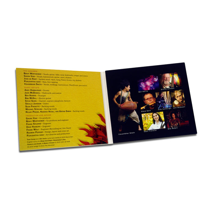 An open CD booklet for The Hanumen is displayed. The yellow left side, titled Invocation, lists musicians, instruments, and credits; the dark right side shows six photos of artists and instruments.