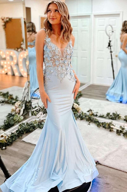 Light Blue 3D Floral Lace V-Neck Backless Trumpet Prom Dress