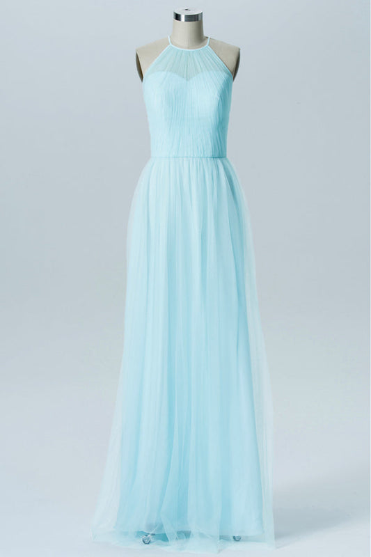 Light Blue Halter Sweetheart Tiered Bridesmaid Dress