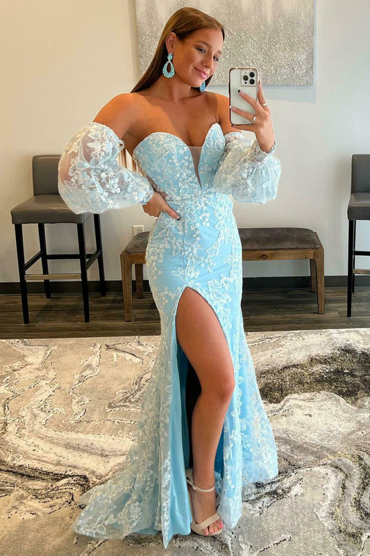 Light Blue Lace Strapless Puff Sleeve Long Prom Dress