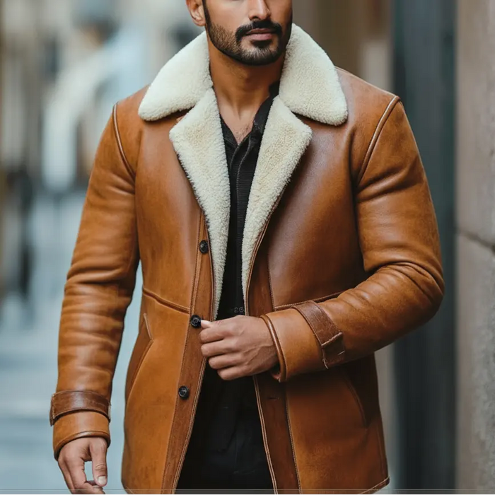 Man wearing a brown leather coat with white fur collar on a blurred street background