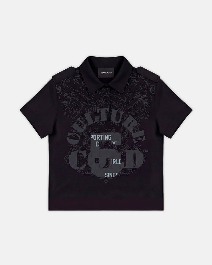 LOOPING POLO BLACK - black graphic print polo shirt, front view - Cold Culture