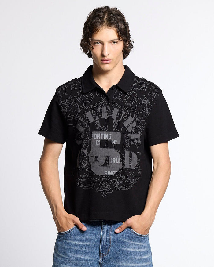 LOOPING POLO BLACK - black graphic print polo shirt, front view on male model - Cold Culture