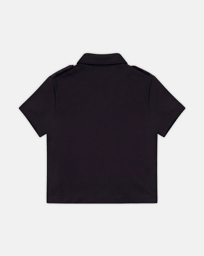 LOOPING POLO BLACK - black graphic print polo shirt, back view - Cold Culture