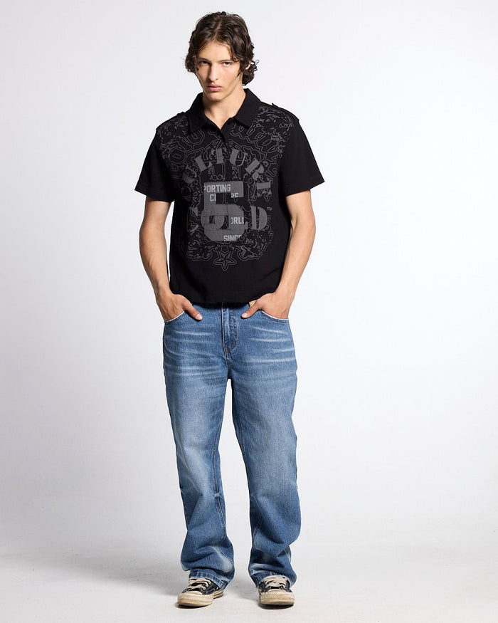 LOOPING POLO BLACK - black graphic print polo shirt, front view on male model - Cold Culture