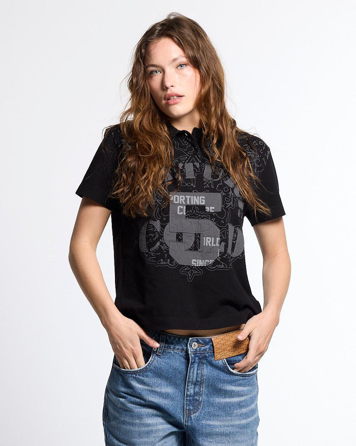 LOOPING POLO BLACK - black graphic print polo shirt, front view on female model - Cold Culture #woman