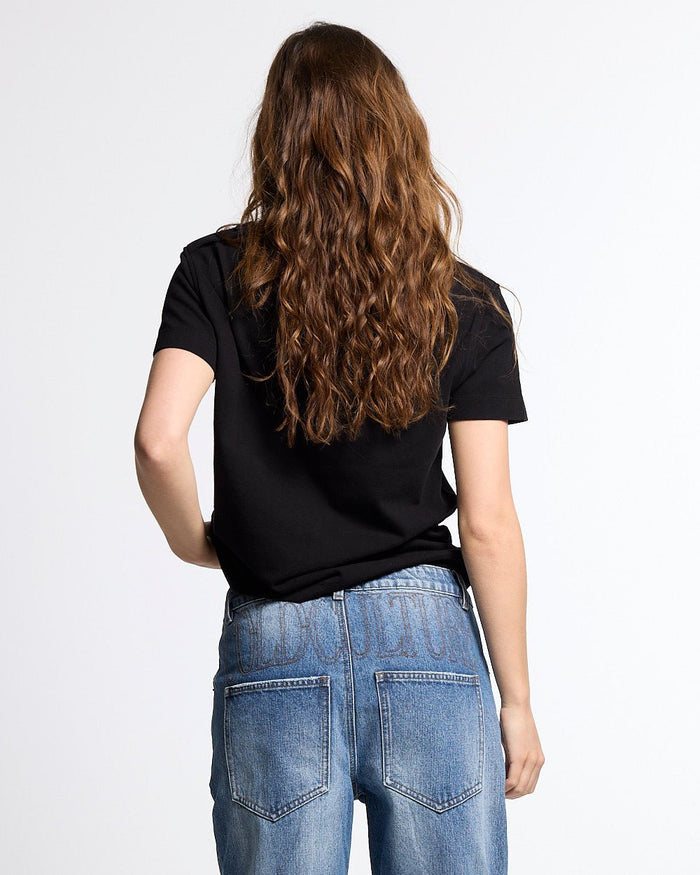 LOOPING POLO BLACK - black graphic print polo shirt, back view on female model - Cold Culture