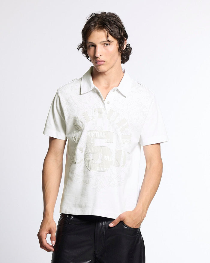 LOOPING POLO WHITE - white graphic print polo shirt, front view on male model - Cold Culture