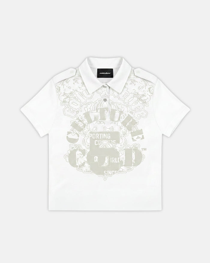 LOOPING POLO WHITE - white graphic print polo shirt, front view - Cold Culture
