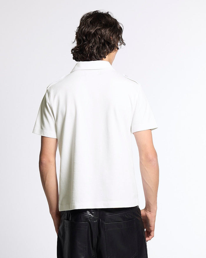 LOOPING POLO WHITE - white graphic print polo shirt, back view on male model - Cold Culture