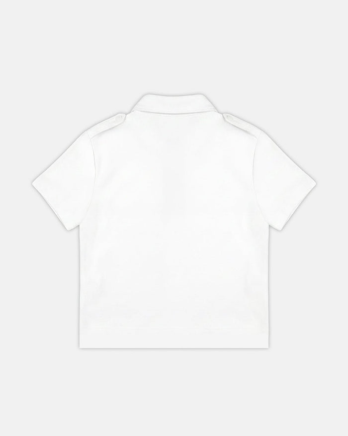LOOPING POLO WHITE - white graphic print polo shirt, back view - Cold Culture
