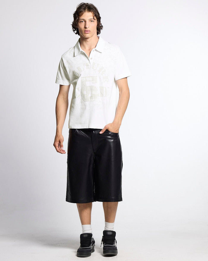 LOOPING POLO WHITE - white graphic print polo shirt, front view on male model - Cold Culture