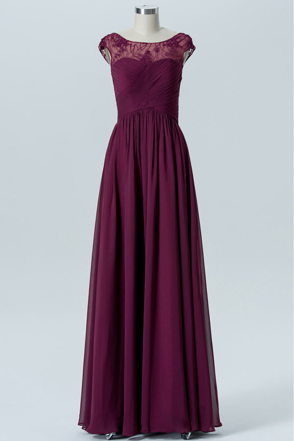 Magenta Chiffon Cap Sleeve Long Bridesmaid Dress