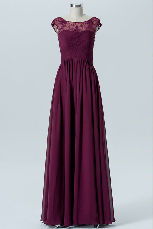 Magenta Chiffon Cap Sleeve Long Bridesmaid Dress