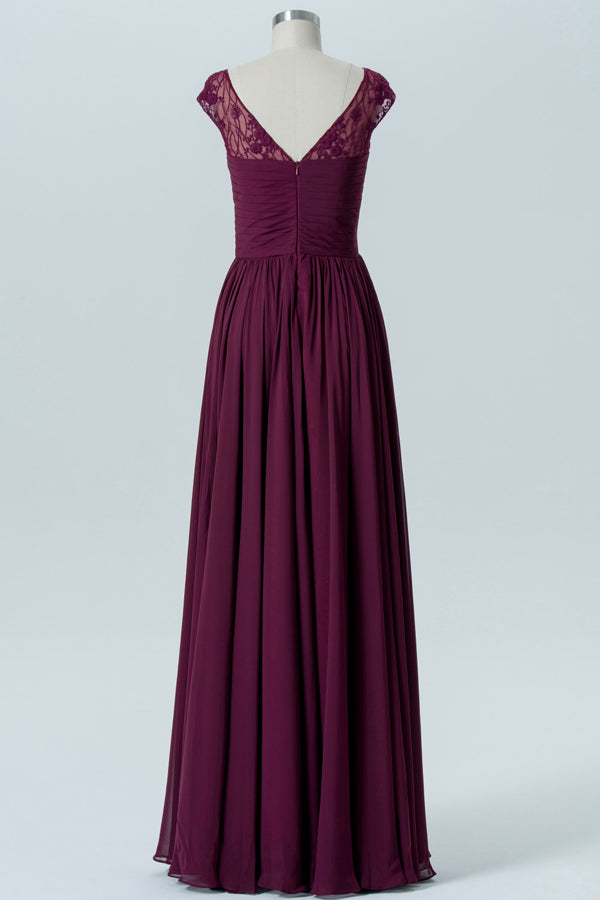 Magenta Chiffon Cap Sleeve Long Bridesmaid Dress