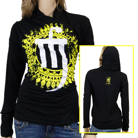A person wearing a Mantralogy black hoodie featuring a yellow and white graphic on the front and a small yellow logo on the back. The inset displays the back view with the hood up.
