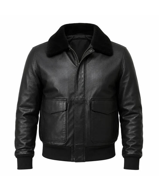 Men's Black Leather Jacket with Fur Collar – Genuine Sheepskin Bomber Style