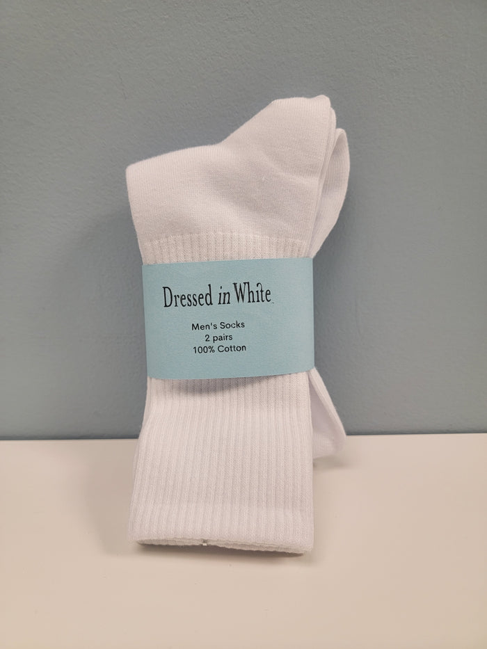 Two pairs of men's white cotton socks.