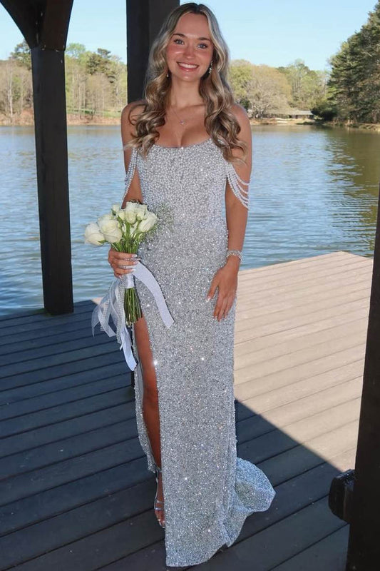 Mermaid Strapless Beaded Scoop Long Prom Dress with Slit