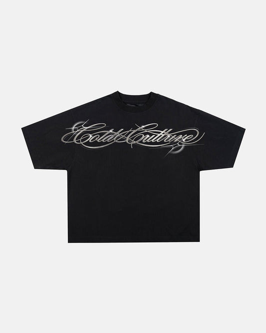METAL SCRIPT TEE BLACK - black script print tee, flat lay - Cold Culture #woman