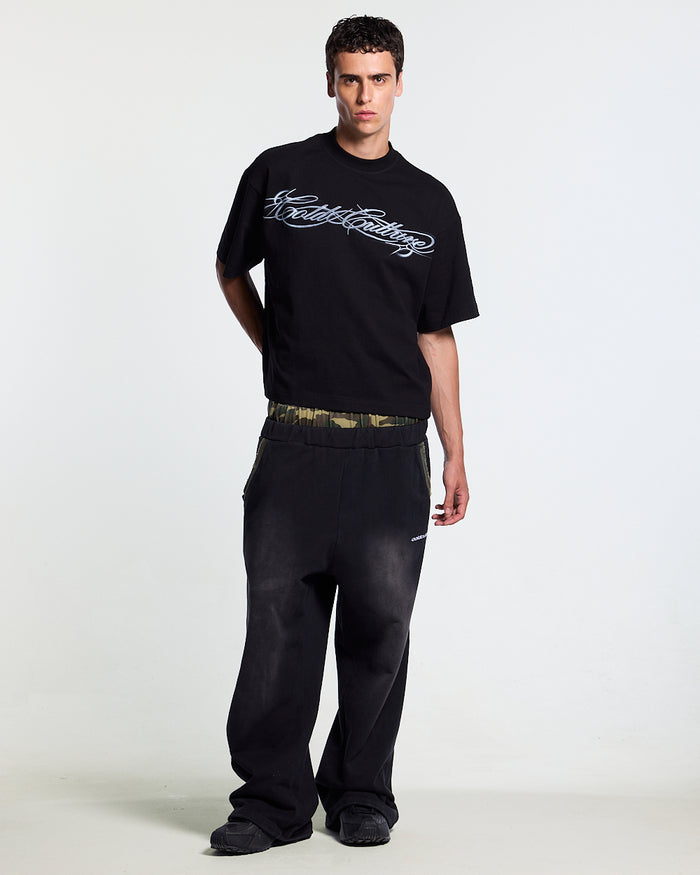 METAL SCRIPT TEE BLACK - black script print tee, front view on male model - Cold Culture
