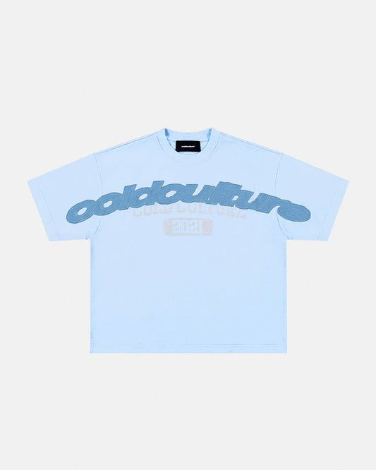 MIX MATCH TEE BLUE - light blue graphic print tee, flat lay - Cold Culture