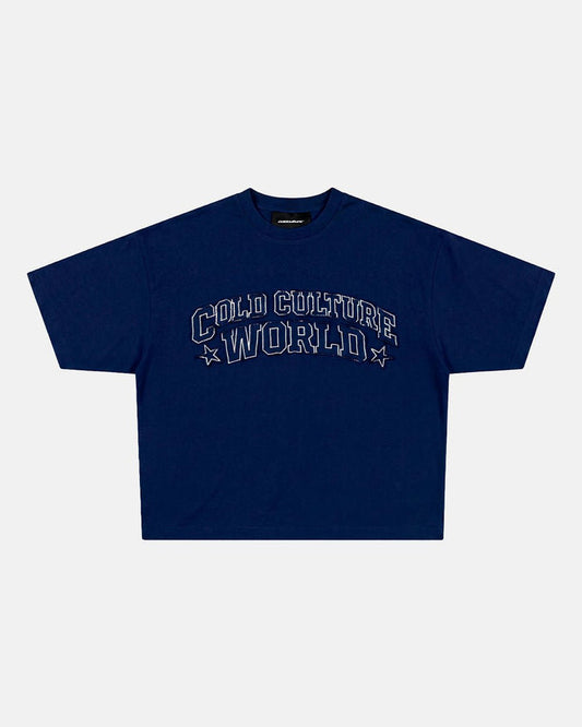 MONTANA TEE NAVY - navy blue boxy tee, front view - Cold Culture