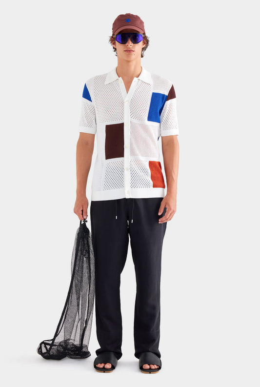 Multi Stitch Cotton Knit Shirt - Off White/Blue/Picante