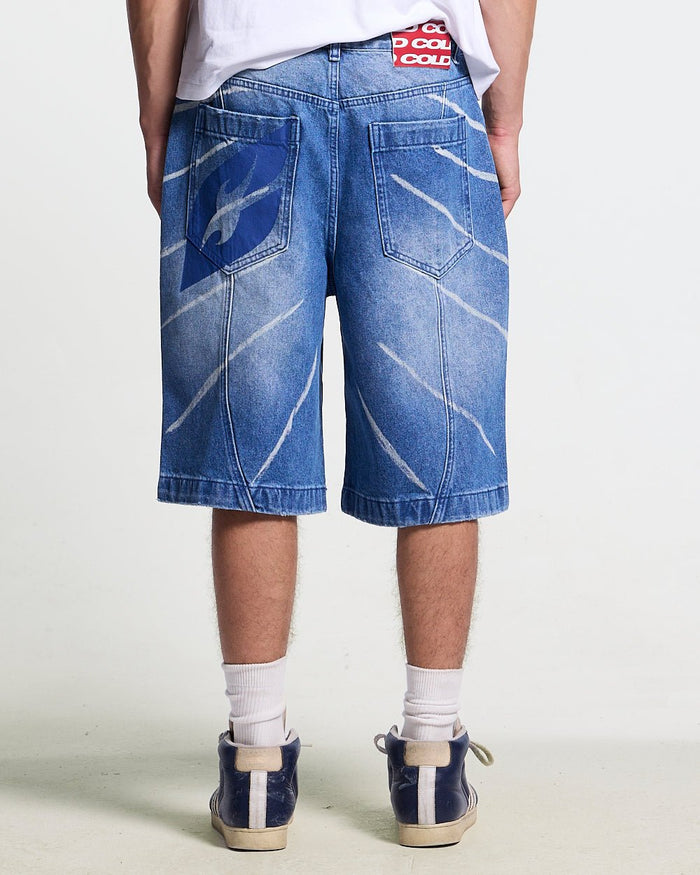 MUSIC RYTHIM SHORTS DENIM - blue washed denim shorts, back view on male model - Cold Culture