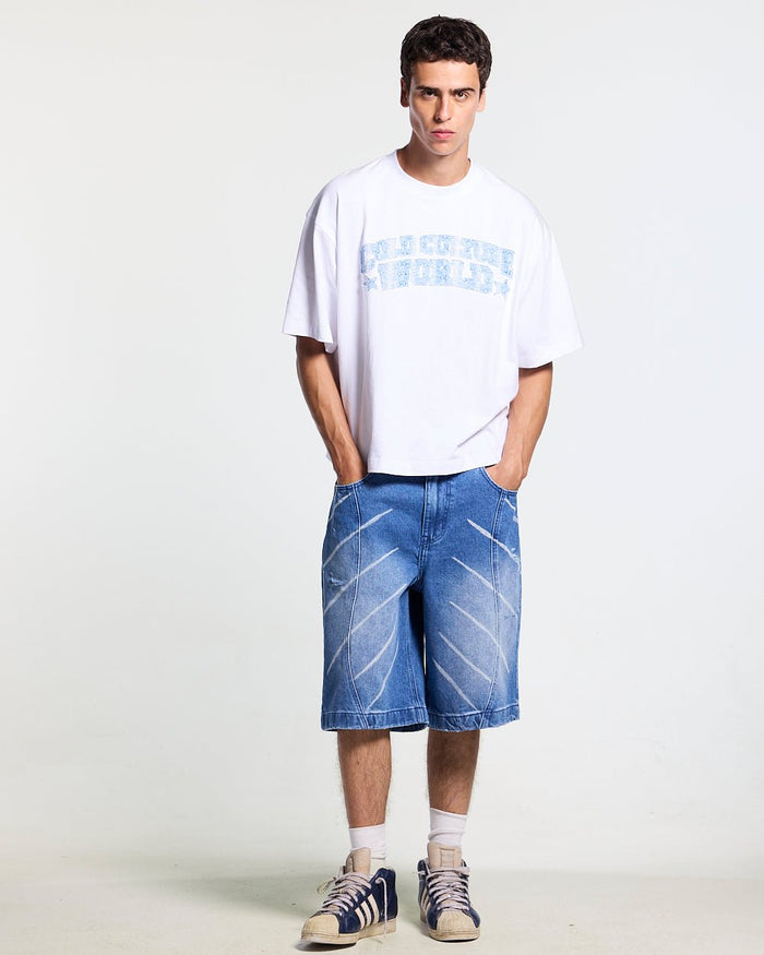 MUSIC RYTHIM SHORTS DENIM - blue washed denim shorts, front view on male model - Cold Culture