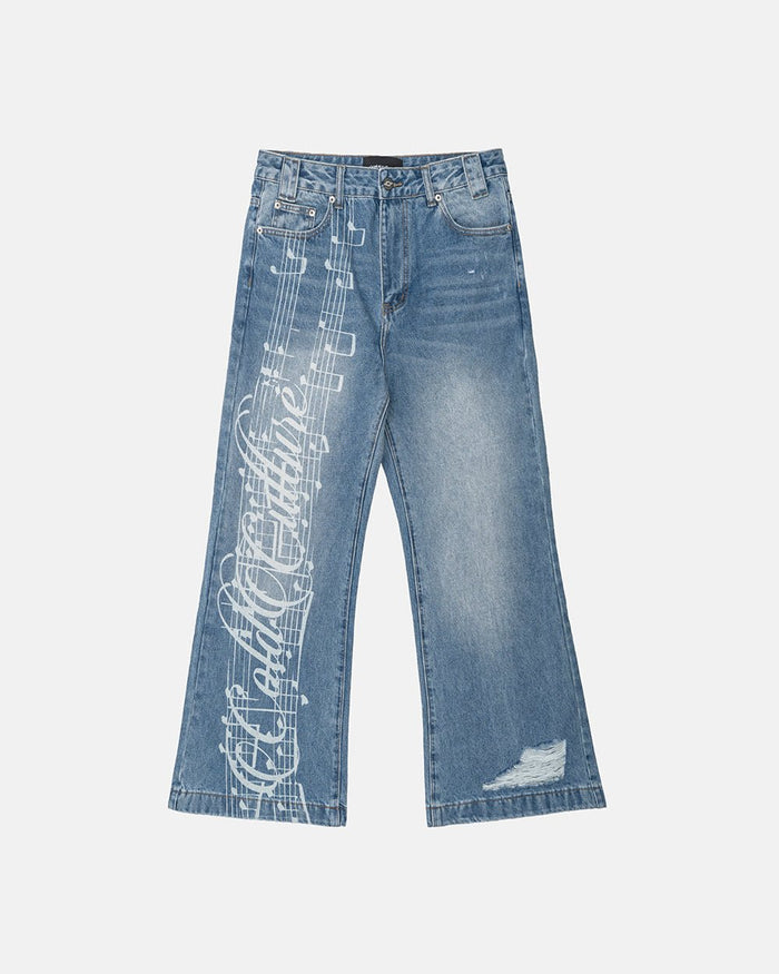 MZRT V3 PANTS LIGHT BLUE - light blue printed denim pants, front view - Cold Culture
