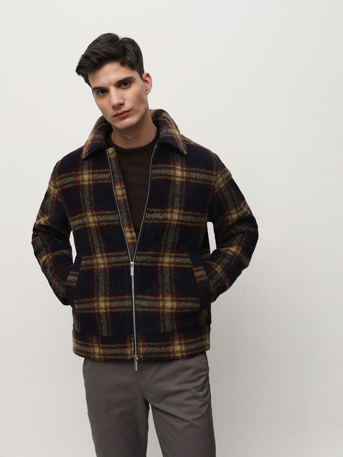 Navy Blue Check Woollen Jacket