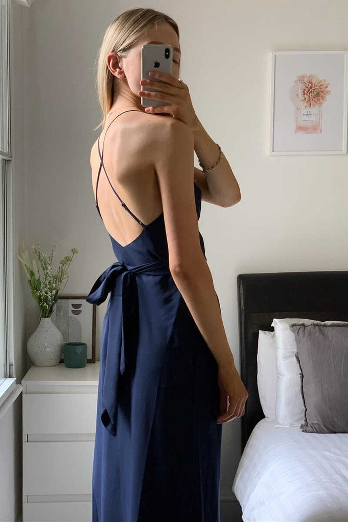 Navy Blue Chiffon V-Neck Backless Long Bridesmaid Dress